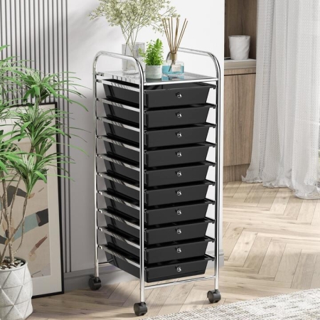 Costway10 Drawers Rolling Storage Trolley Organizer Cart with Wheels-Black - Furniture > Home Office > File Cabinets