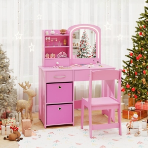 CostwayKids Vanity Set with 2 Color Lighted Mirror and Storage Drawers-Pink