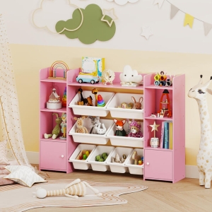 Costway4-Tier Kids Toy Storage Organizer Shelf with 6 Cubbies and 8 Removable Bins-Pink