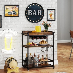 CostwayKitchen Cart with Removable Top Tray & Wine Rack & Glass Holder