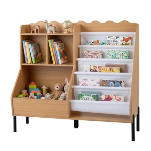 CostwayKids Bookshelf and Toy Storage Organizer with 5 Fabric Pockets and Metal Legs-Natural