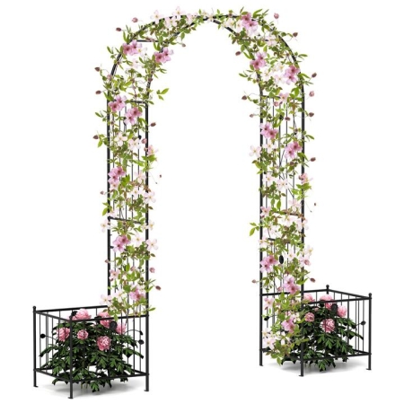 Costway2 in 1 Garden Arbor 218cm Garden Trellis Pergola with 2 Side Planters-Black - Decor > Decorative Accessories > Outdoor Decor