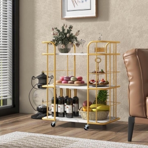 CostwayBuffet Serving Cart with White Faux Marble Shelves and Golden Metal Frame-Golden