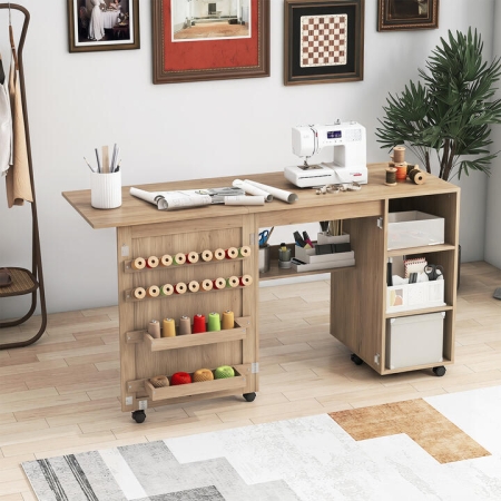 CostwayMultifunctional Sewing Machine Craft Station with Storage Shelves-Brown - Garden Tools