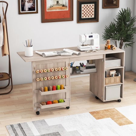 CostwayMultifunctional Sewing Machine Craft Station with Storage Shelves-Wood - Garden Tools