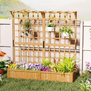 Costway183 CM Tall Large Raised Garden Bed with Lattice Trellis and Hanging Roof-Natural