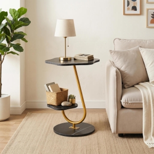 Costway2-Tier Side Table with Storage Shelf Flower Shape for Living Room or Office-Black