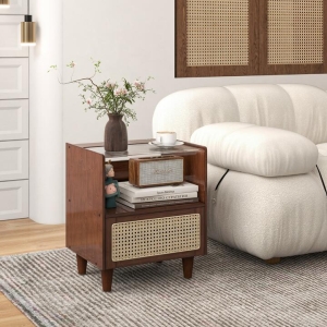 CostwayBamboo Rattan Nightstand with Drawer and Solid Wood Legs for Bedroom