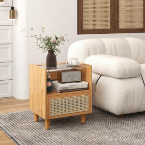 CostwayBamboo Rattan Nightstand with Drawer and Solid Wood Legs for Bedroom, Living Room-Natural