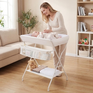 CostwayFolding Newborn Nursery Organizer with 3-Compartment Storage Basket & Shelf CostwayFolding Newborn Nursery Organizer with 3-Compartment Storage Basket & Shelf