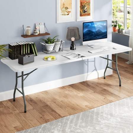 Costway245cm Outdoor Portable Folding Table with HDPE Tabletop-White - Outdoor > Outdoor & Patio Furniture > Patio Tables