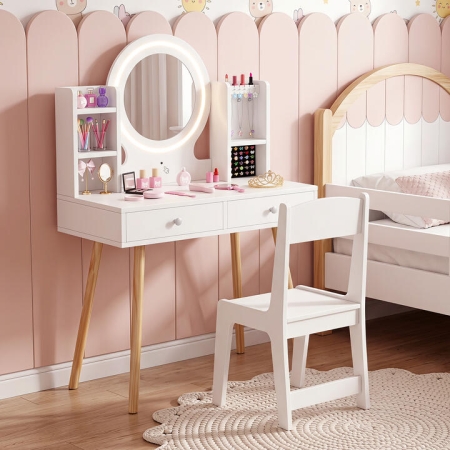 CostwayKids Vanity Set with Lights and LED Mirror for Children 3 Plus-White - TOYS