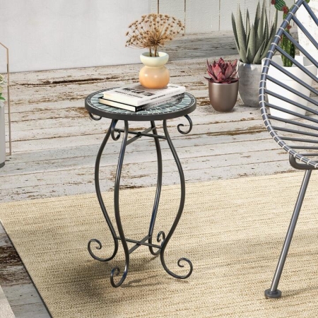 CostwayMosaic Outdoor Side Table with Weather Resistant Ceramic Tile Tabletop-Green - Outdoor > Garden > Plant Stands