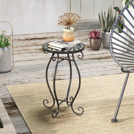 CostwayMosaic Outdoor Side Table with Weather Resistant Ceramic Tile Tabletop-White - Outdoor > Garden > Plant Stands