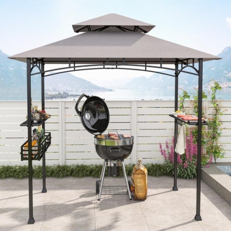 Costway242 x 153 cm BBQ Grill Gazebo with 2 Side Shelves and Storage Basket-Grey - Outdoor > Outdoor Shades > Gazebos