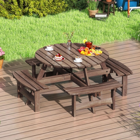 Costway6/8-Person Round Picnic Table Set Circular Patio Dining Camping Table-Brown - Outdoor > Outdoor & Patio Furniture > Patio Tables