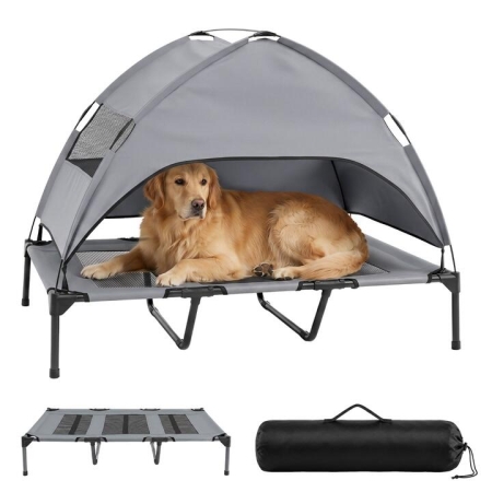 CostwayLarge Dog Bed with Canopy Elevated Pet Cot with Removable Tent-Grey - Pets > Dog Supplies