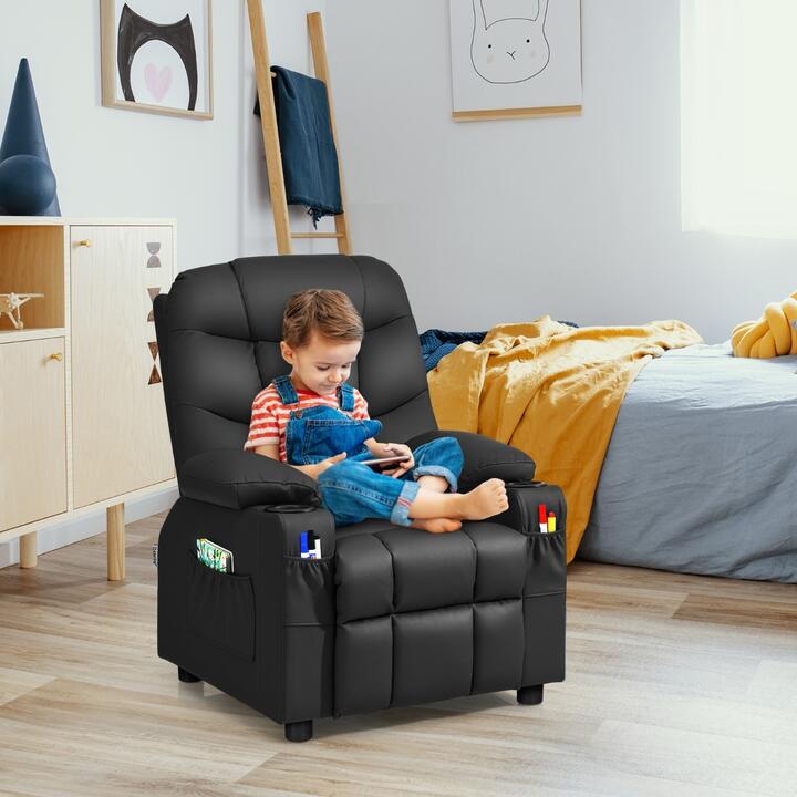 CostwayPU Leather Recliner with Cup Holder for Kids-Black