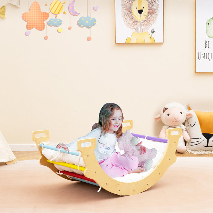 Costway4-In-1 Wooden Kids Climber Arch Rocker with Cushion Montessori Toy-Multicolour