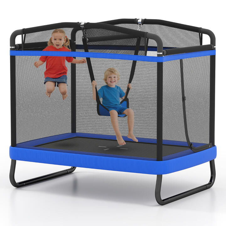 Costway6 FT Kids Trampoline with Swing and Horizontal Bar-Blue