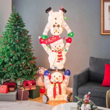 CostwayLighted Stacked Snowmen Christmas Decoration with 150 LED Warm Lights CostwayLighted Stacked Snowmen Christmas Decoration with 150 LED Warm Lights